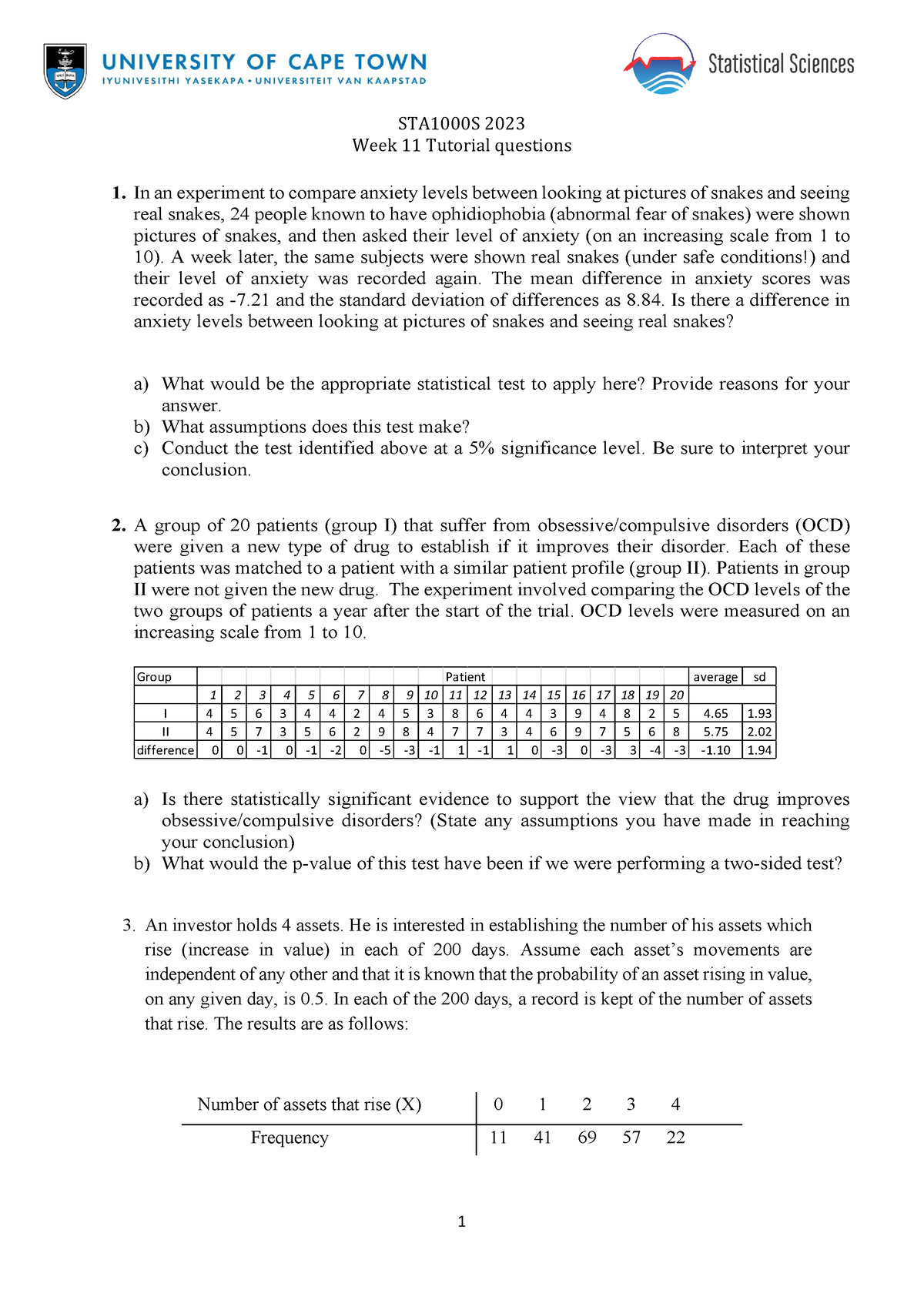 STA1000S 2023 Week 11 Tutorial Questions - In An Experiment To Compare ...