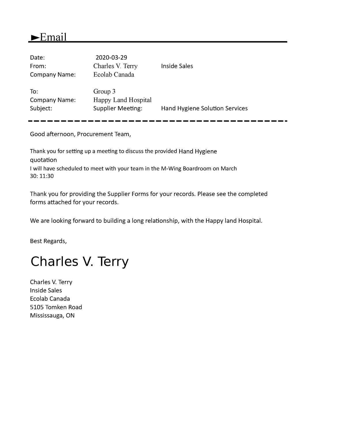 Purchasing Email - Email Date: 2020-03- From: Charles V. Terry Inside ...