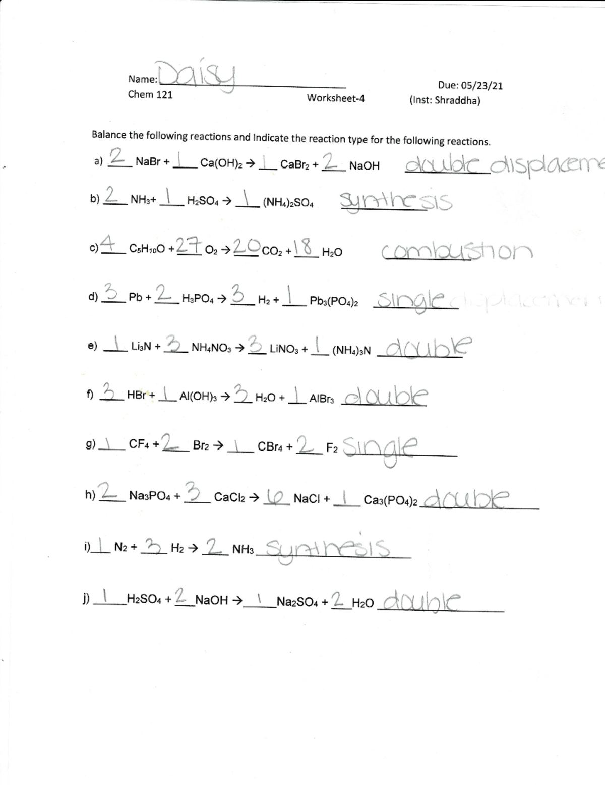 Worksheet 4 chem - CHEM 161 - Studocu