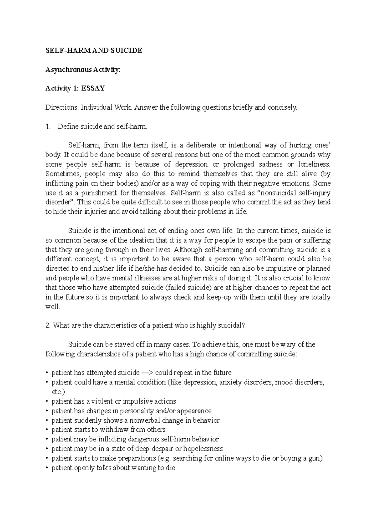 Self-Harm and Suicide Essay Activity - SELF-HARM AND SUICIDE ...