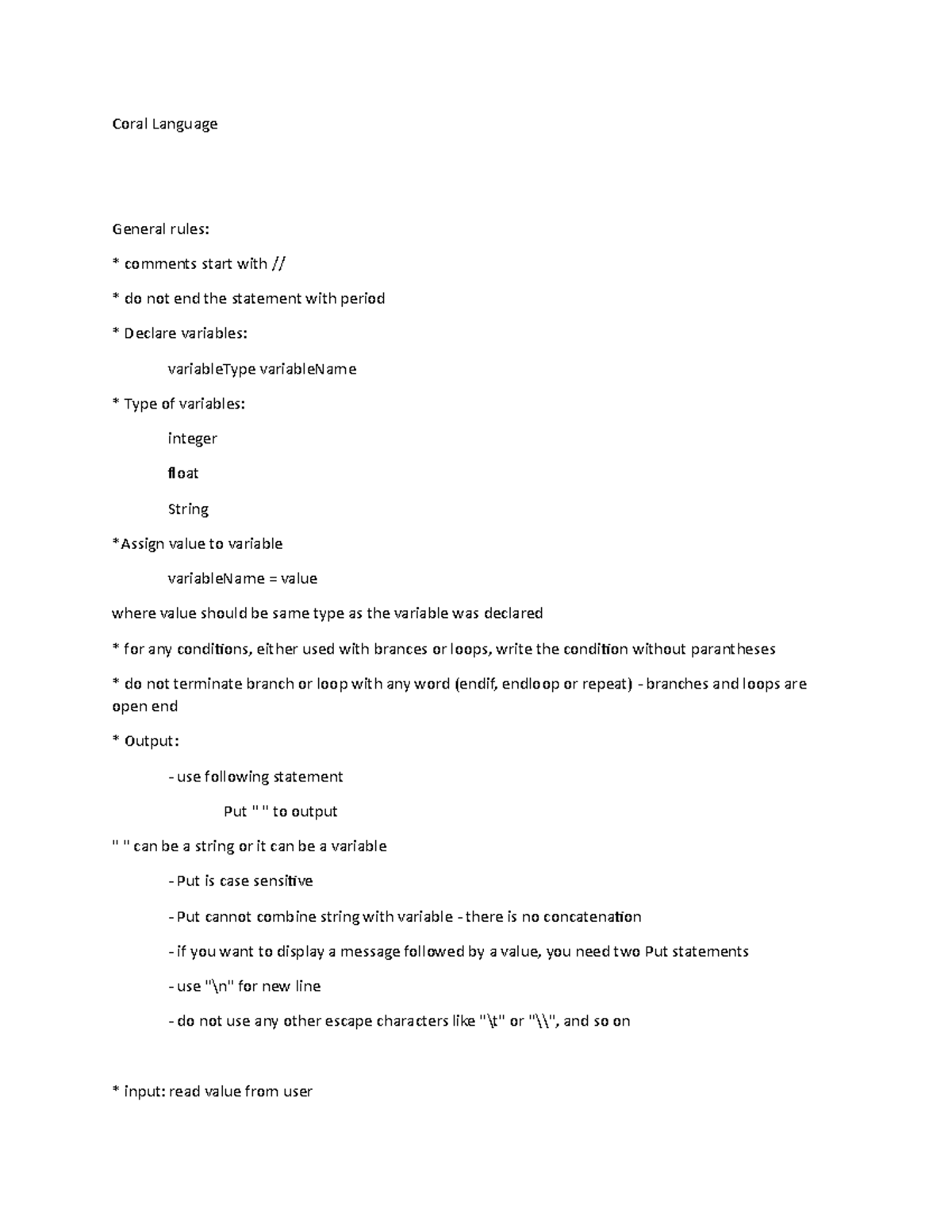 Coral Language - General rules: * comments start with // * do not end ...