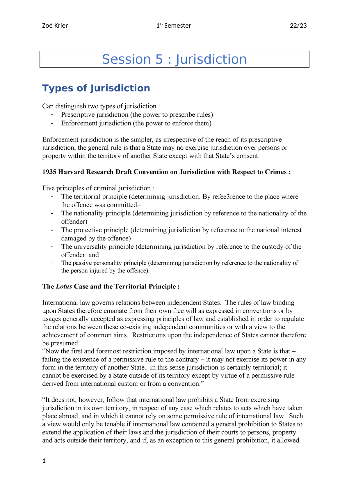 Session 5- Jurisdiction - Zoé Krier 1 st Semester 22/ Session 5 ...