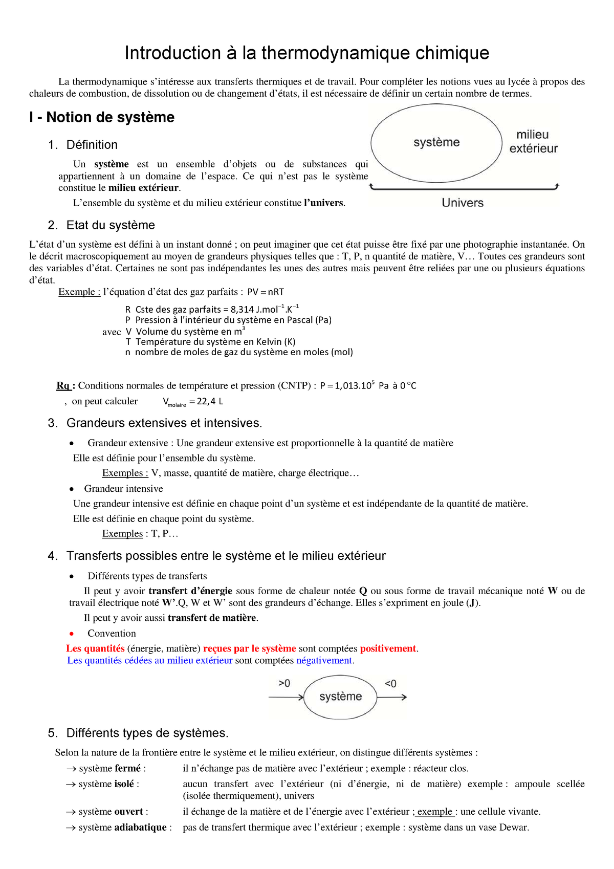 Cours Thermochimie 1 - Introduction à La Thermodynamique Chimique La ...