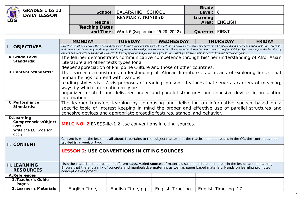 DLL 1st Quarter wk5 G8 september-25-29 - GRADES 1 to 12 DAILY LESSON ...