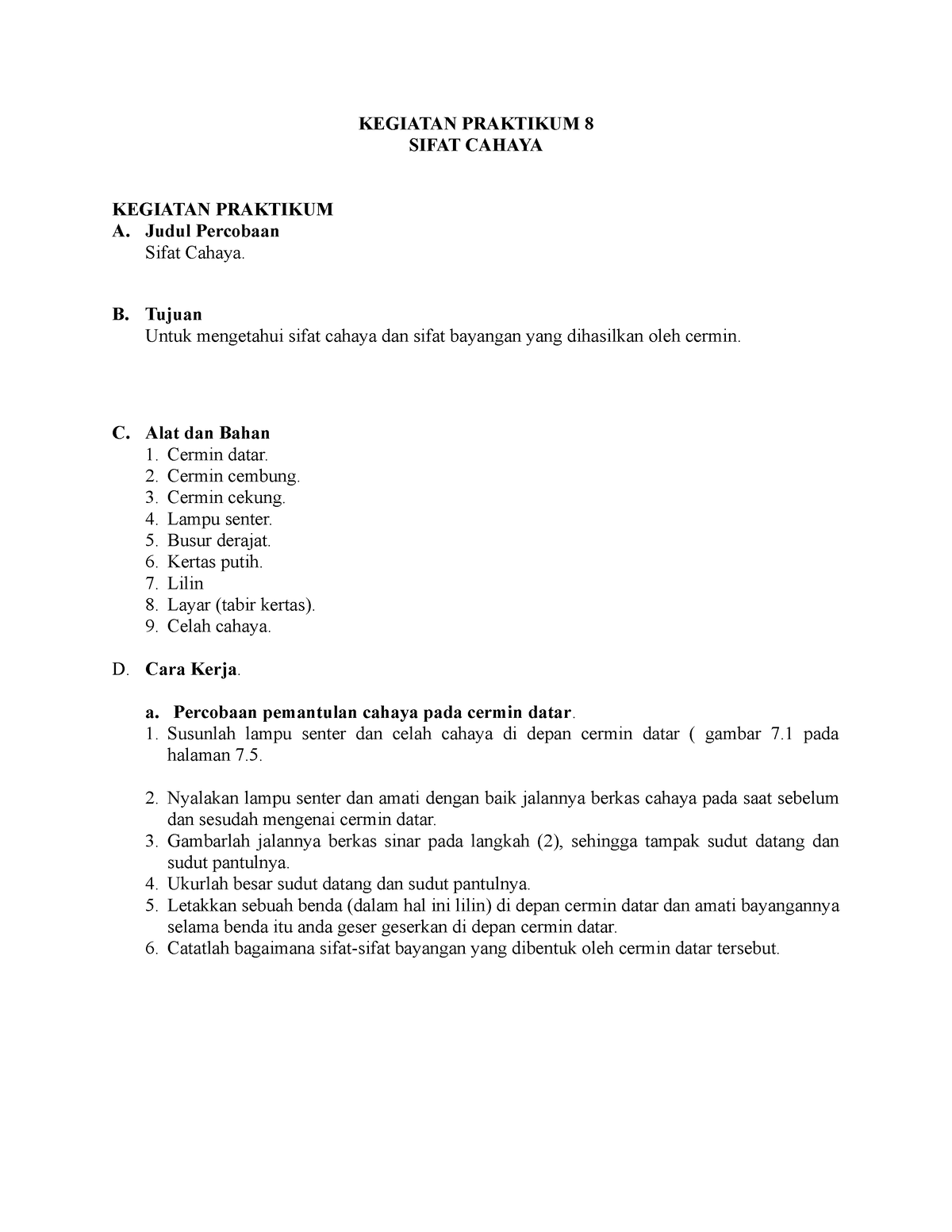 Kp 8 Sifat Cahaya Laporan Praktikum Kegiatan Praktikum 8 Sifat