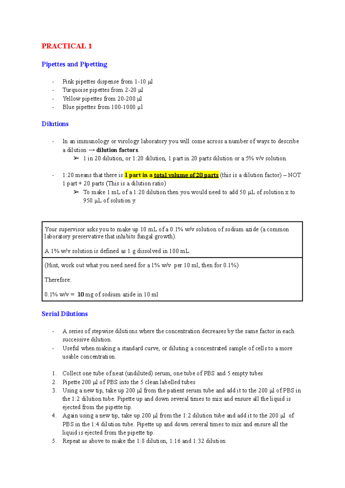 MIMI Practical Quiz 2 Notes - PRACTICAL 1 Pipettes and Pipetting Pink ...