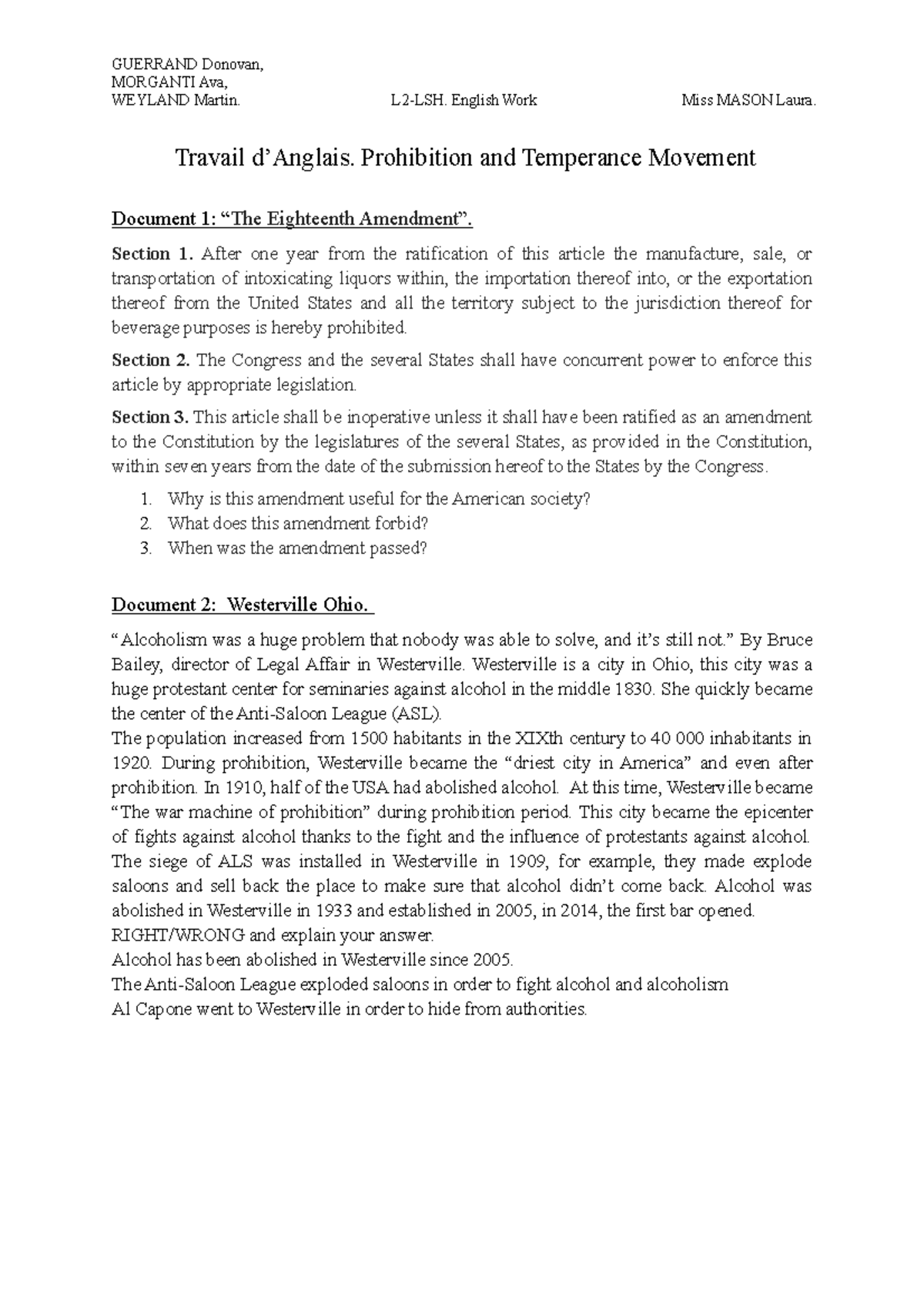 Dossier sur la Prohibition aux USA Ava, WEYLAND Martin. L2LSH. English Work Miss