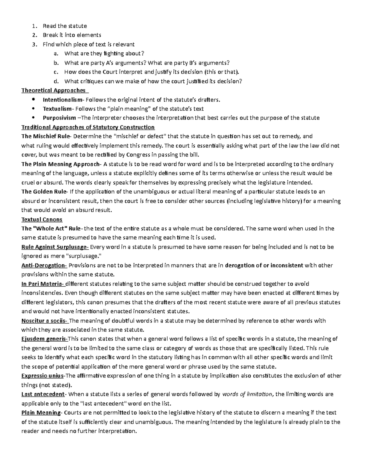 Legislation Cheat Sheet 1. Read the statute 2. Break it into elements