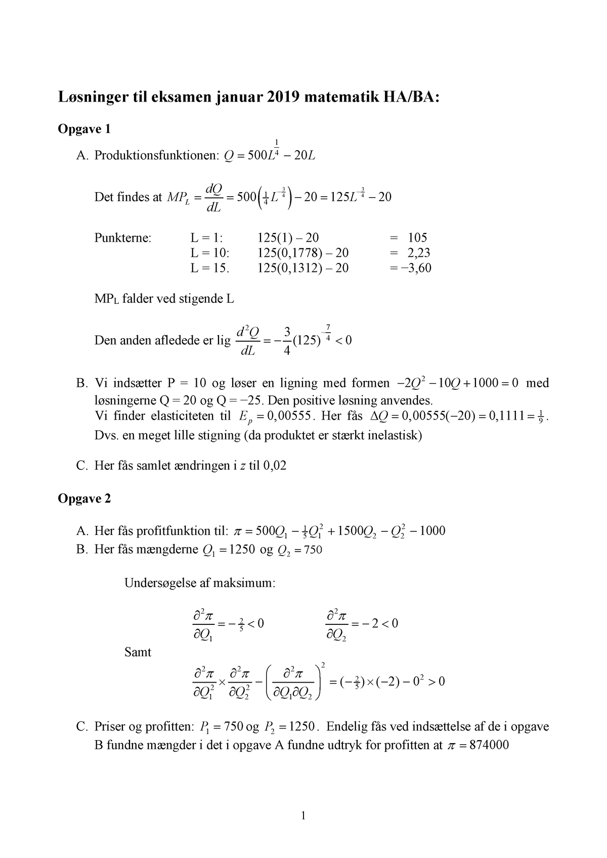 Matematik øvelses Opgave Nr 1. Hjemme Opgave - Løsninger Til Eksamen ...