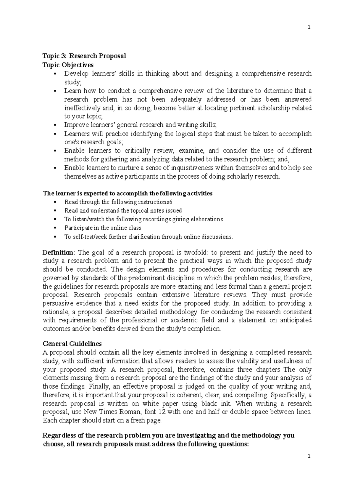 Topic 3 The Research Proposal - Topic 3: Research Proposal Topic ...