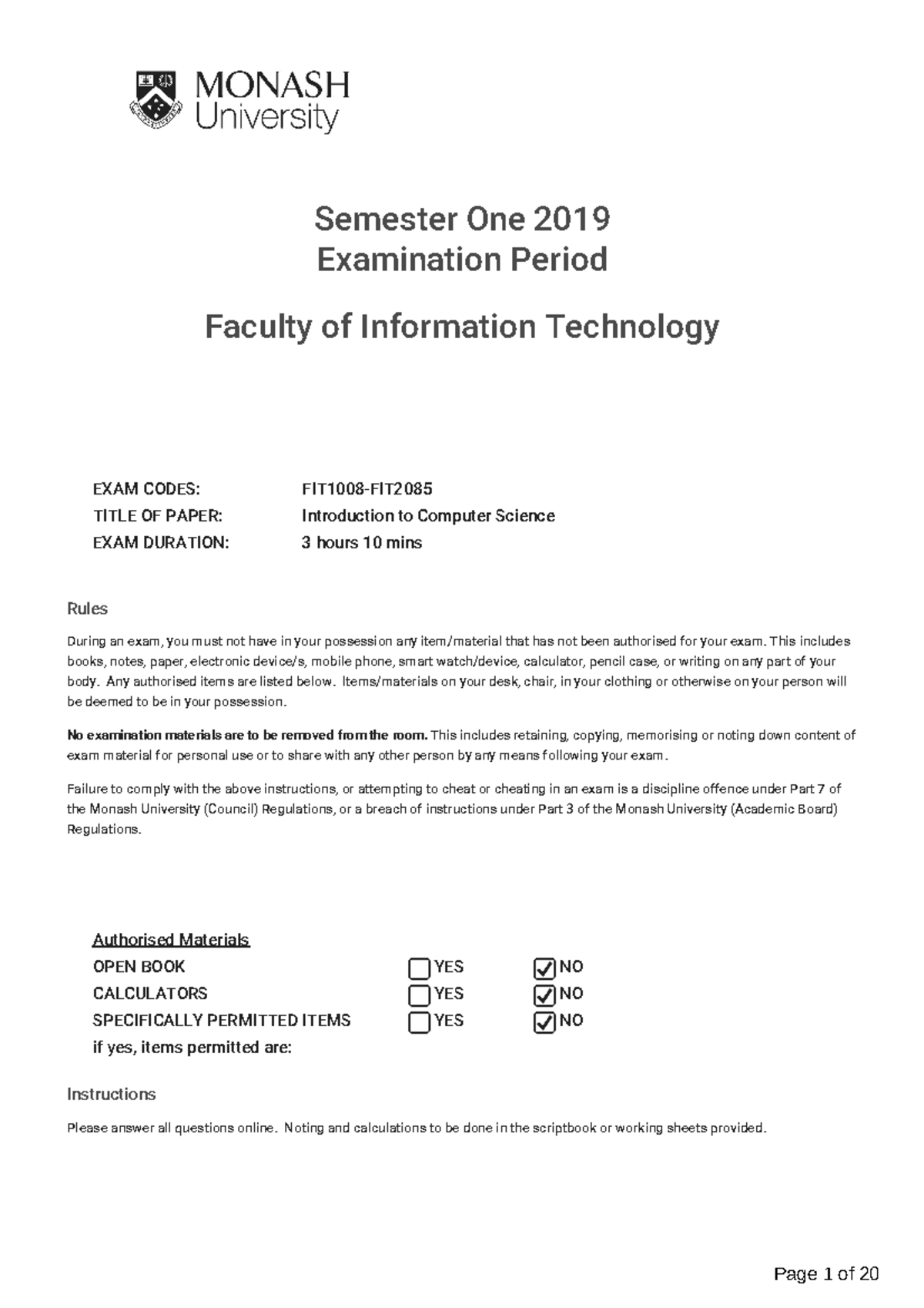 Exam 2019, questions - Semester One 2019 Examination Period Faculty of ...