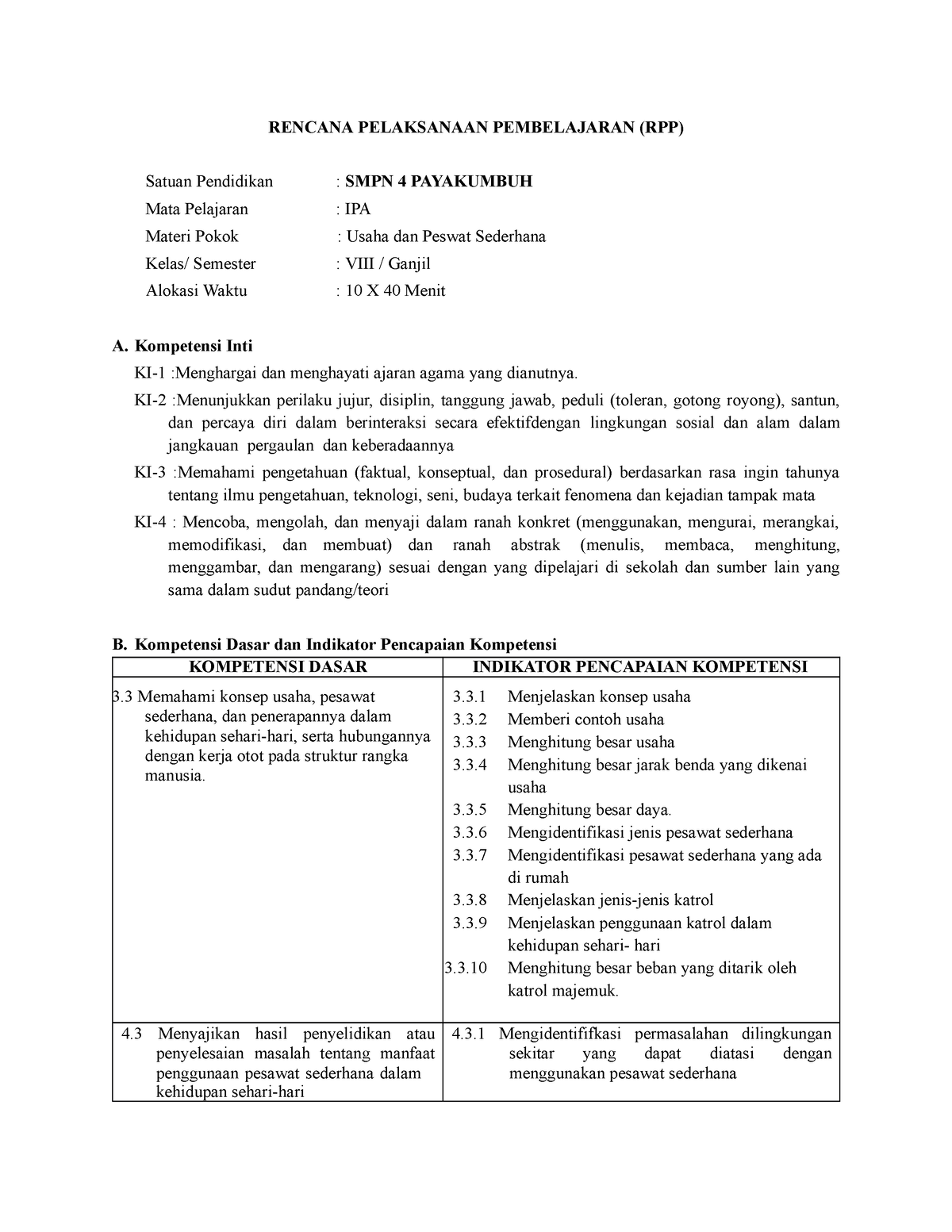 7. RPP Usaha DAN Pesawat Sederhana - RENCANA PELAKSANAAN PEMBELAJARAN ...