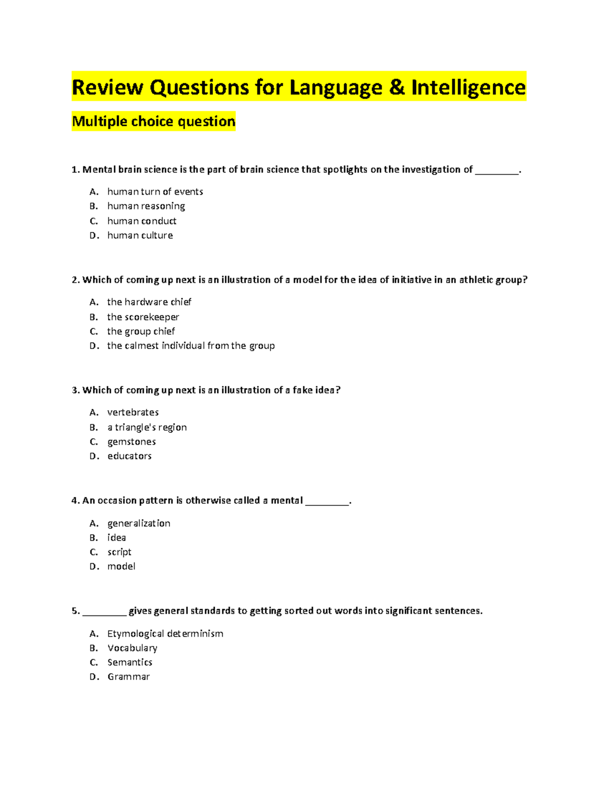 Review Questions for Language & Intelligence - Review Questions for ...