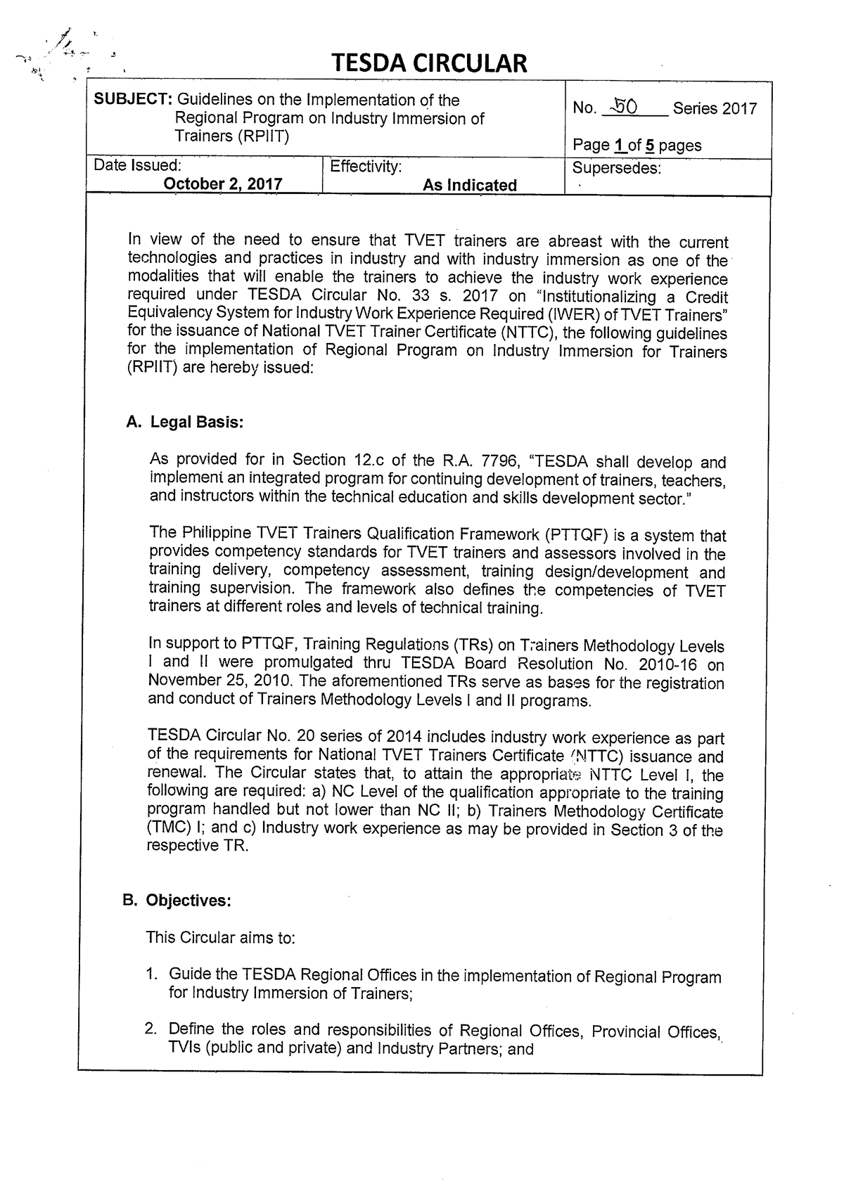 Tesda Circular 050-2017 - T. TESDA CIRCULAR SUBJECT: Guidelines On The ...