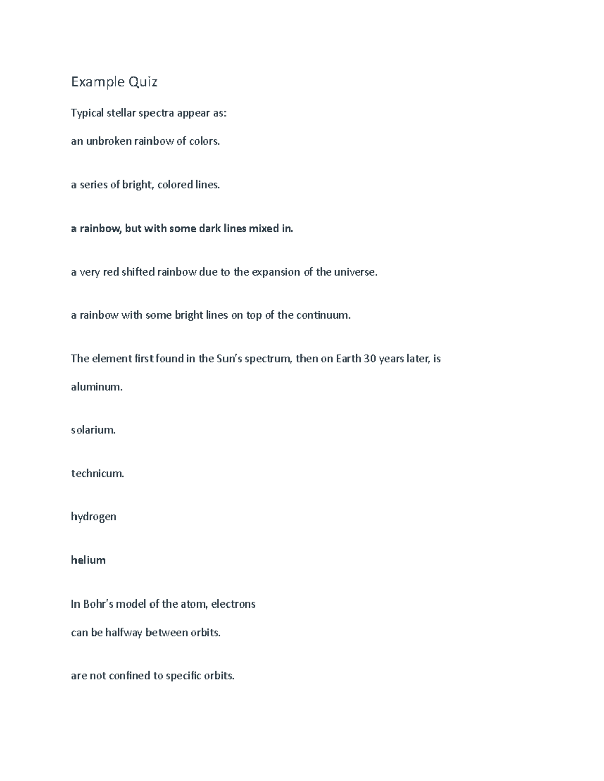 Example Quiz for Chapter 4 Example Quiz Typical stellar spectra