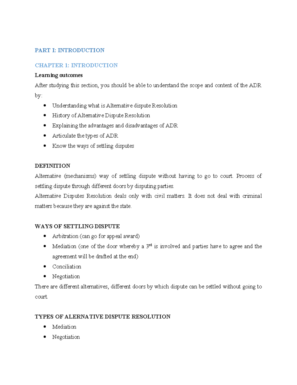 Introduction to Alternative Dispute Resolution - PART I: INTRODUCTION ...