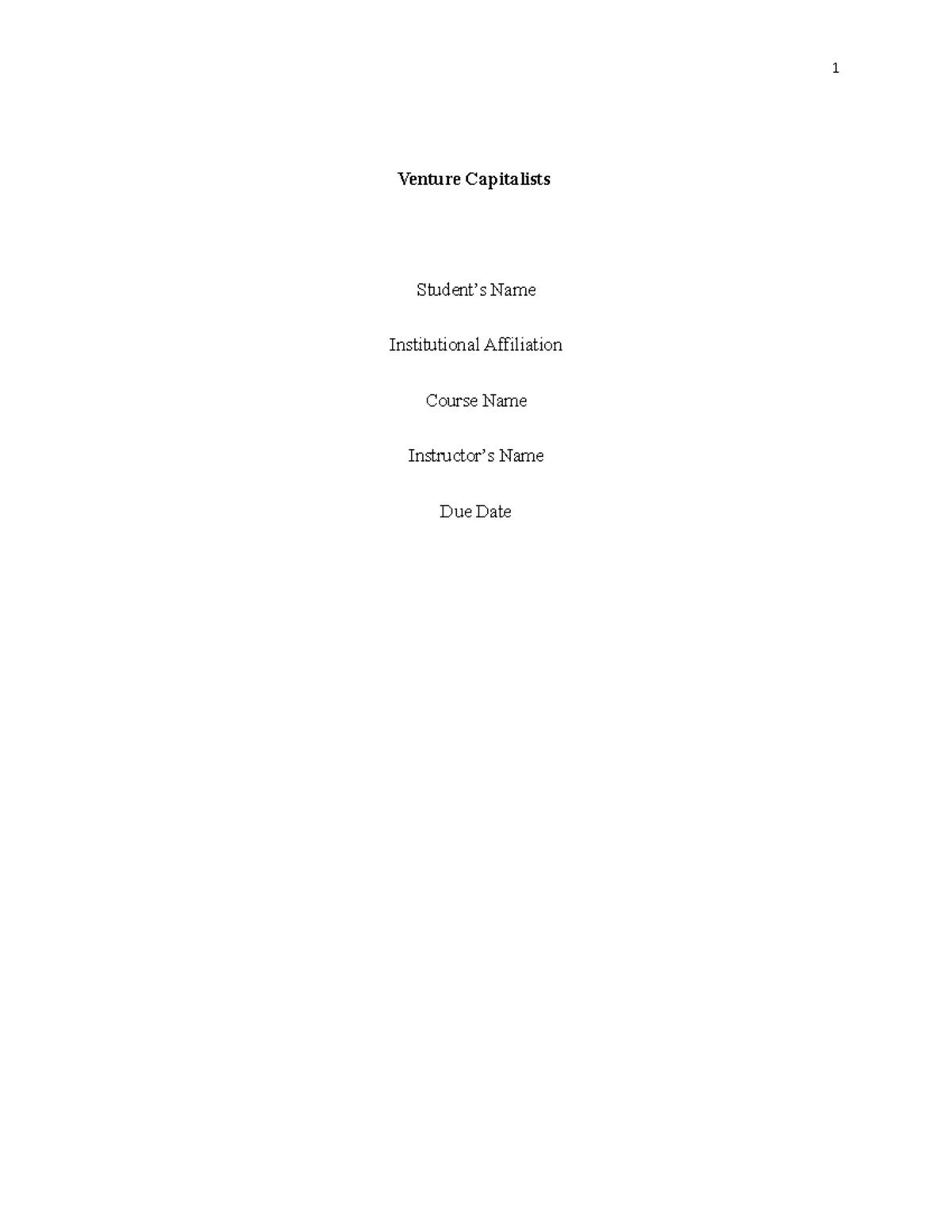 Venture Capitalists Tutoring 1 Venture Capitalists Student s Name