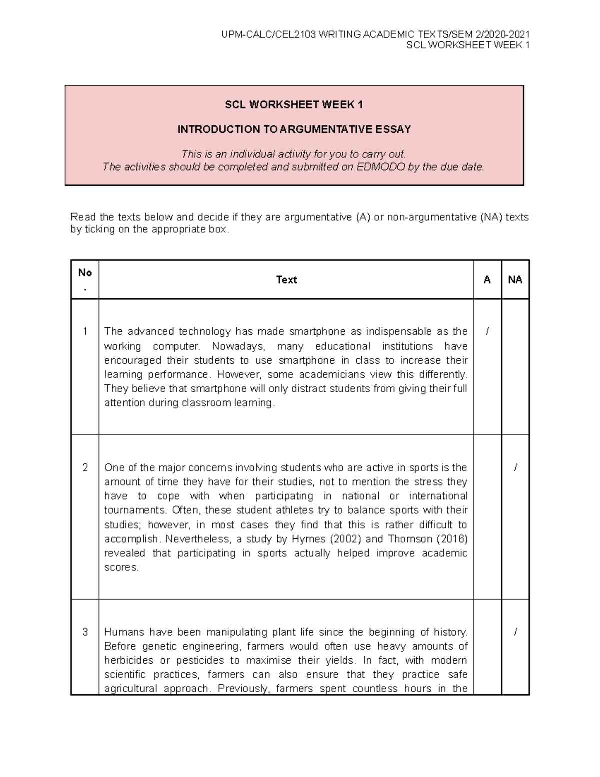 CEL2103 SCL Worksheet WEEK 1 - SCL WORKSHEET WEEK 1 SCL WORKSHEET WEEK ...