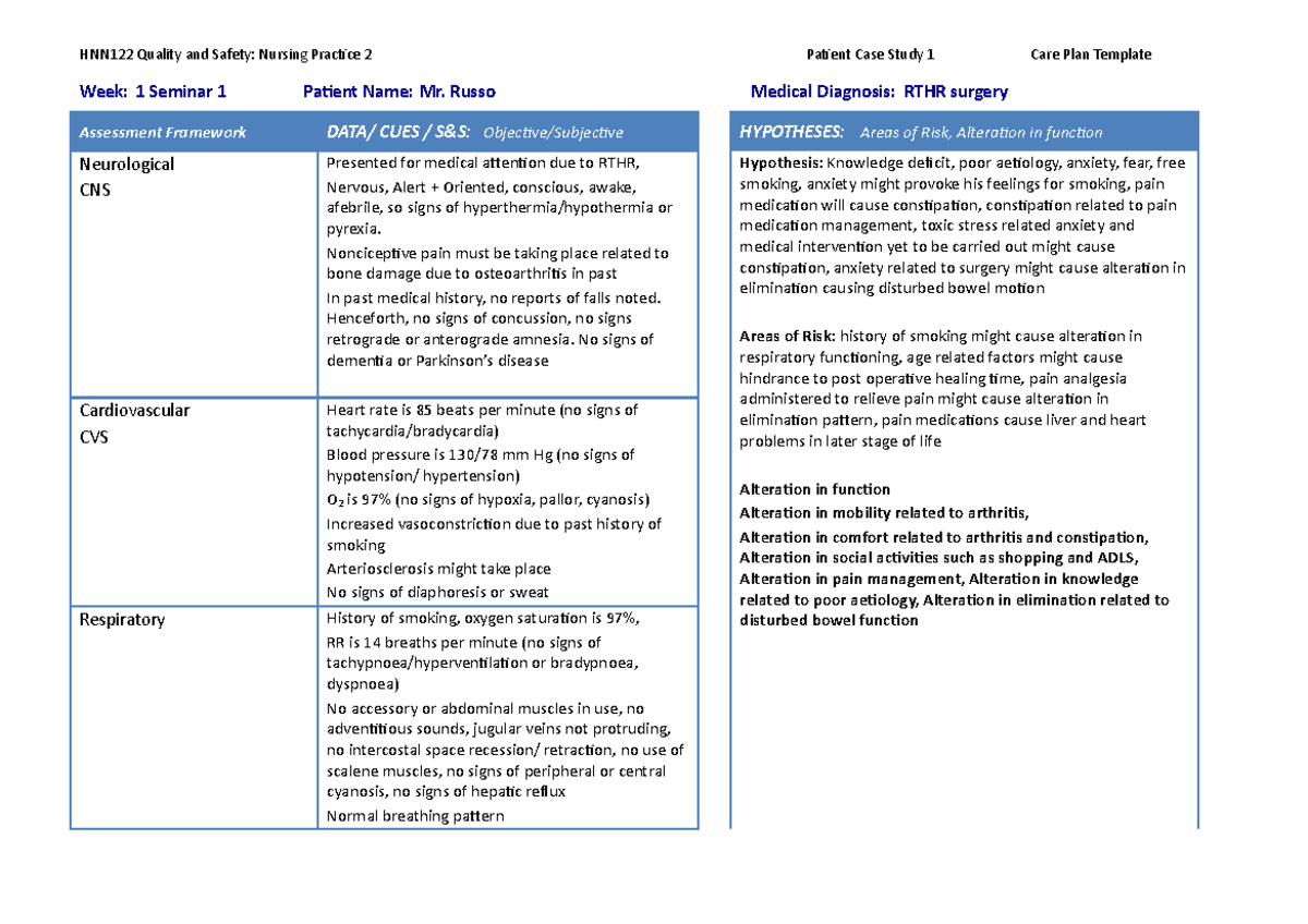 HNN122 Care Plan example 1 2 Week 1 Seminar 1 Patient Name Mr 