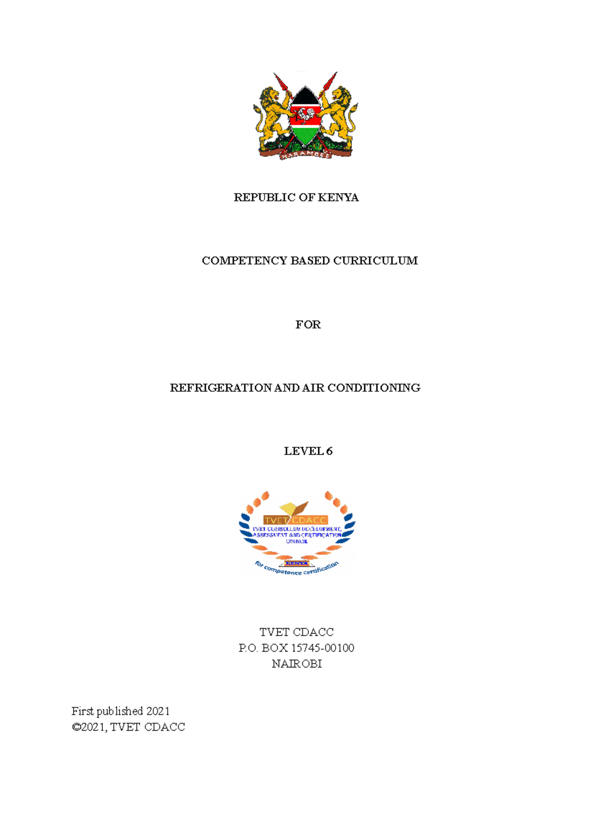 CURR - REPUBLIC OF KENYA COMPETENCY BASED CURRICULUM FOR REFRIGERATION ...