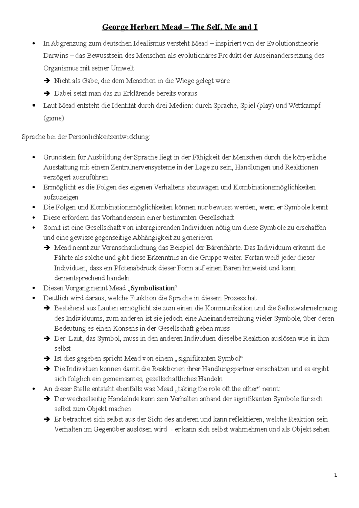 Lernzettel Herbert Mead ME, I und SELF 1 Herbert Mead The Self, Me and I In
