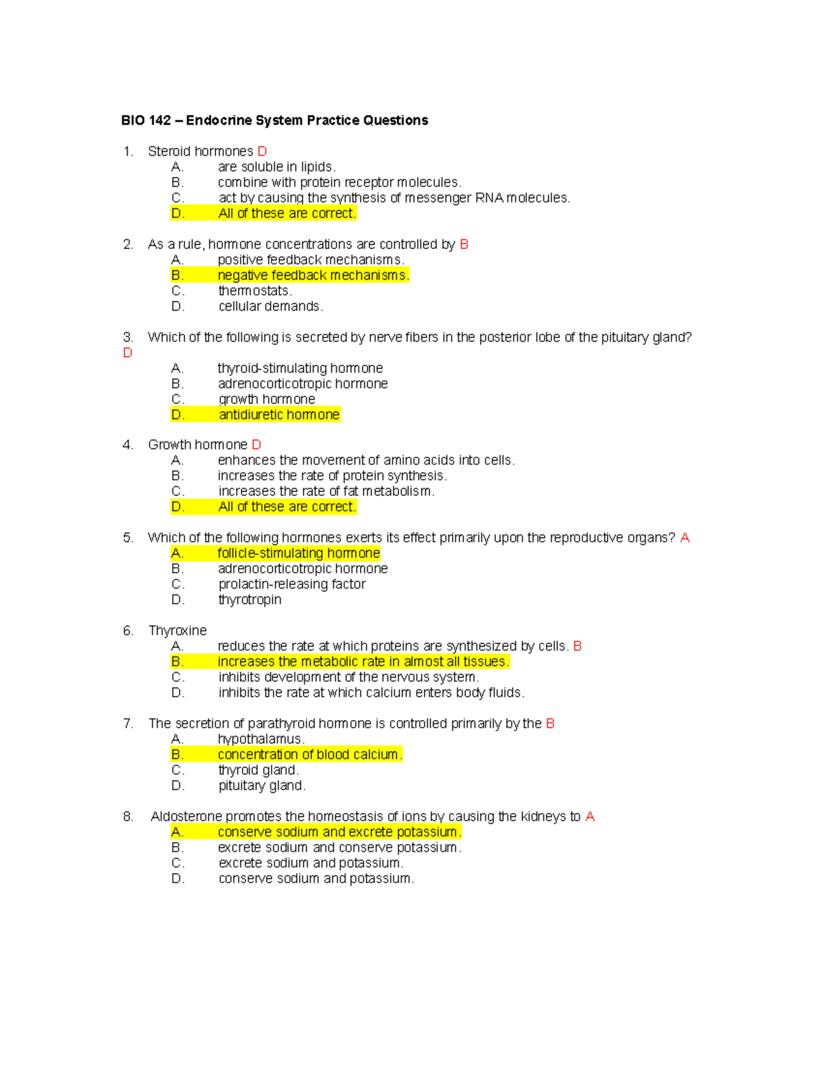 Endocrine System Practice Questions with Answers BIO 142 Endocrine