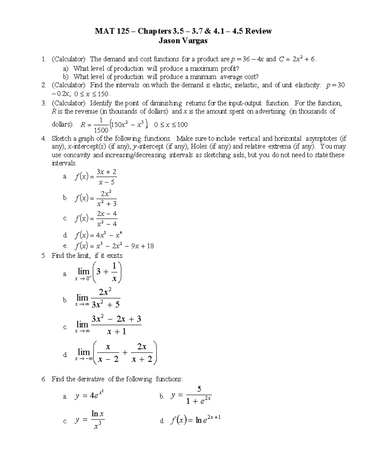 Exam 3 Review 2021 - MAT 125 – Chapters 3 – 3 & 4 – 4 Review Jason ...