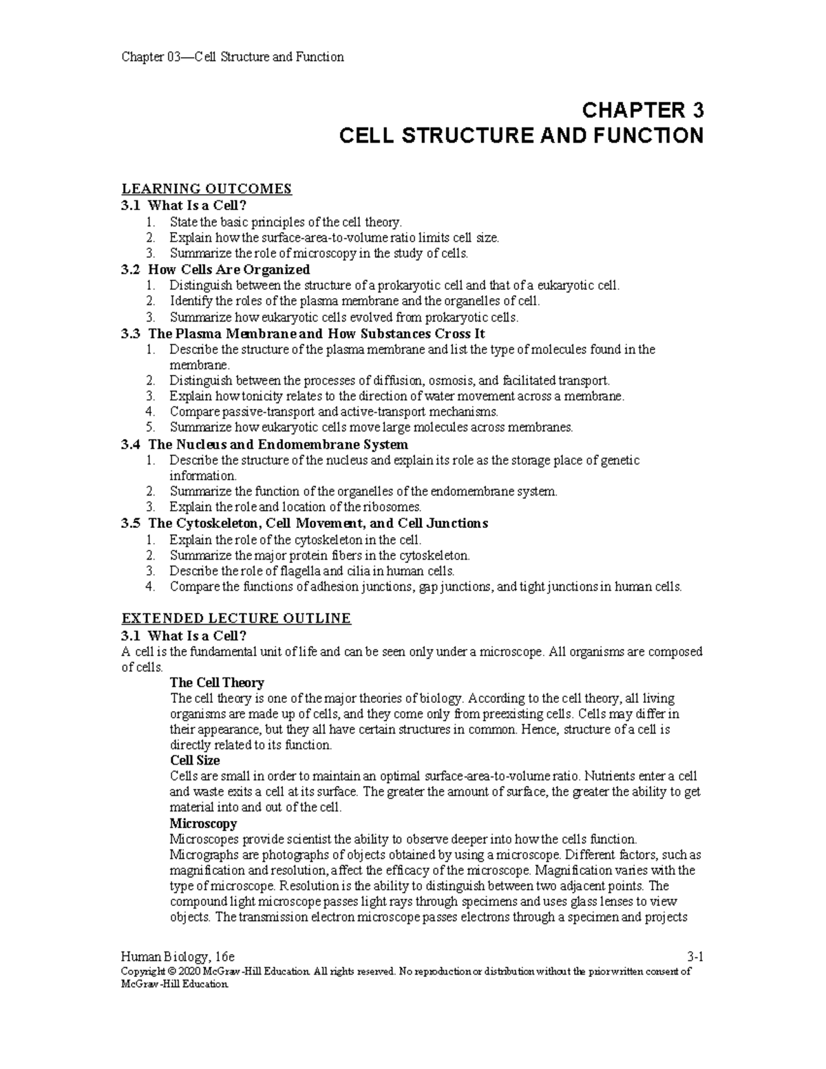 Ch 3 Cells - Notes - CHAPTER 3 CELL STRUCTURE AND FUNCTION LEARNING ...