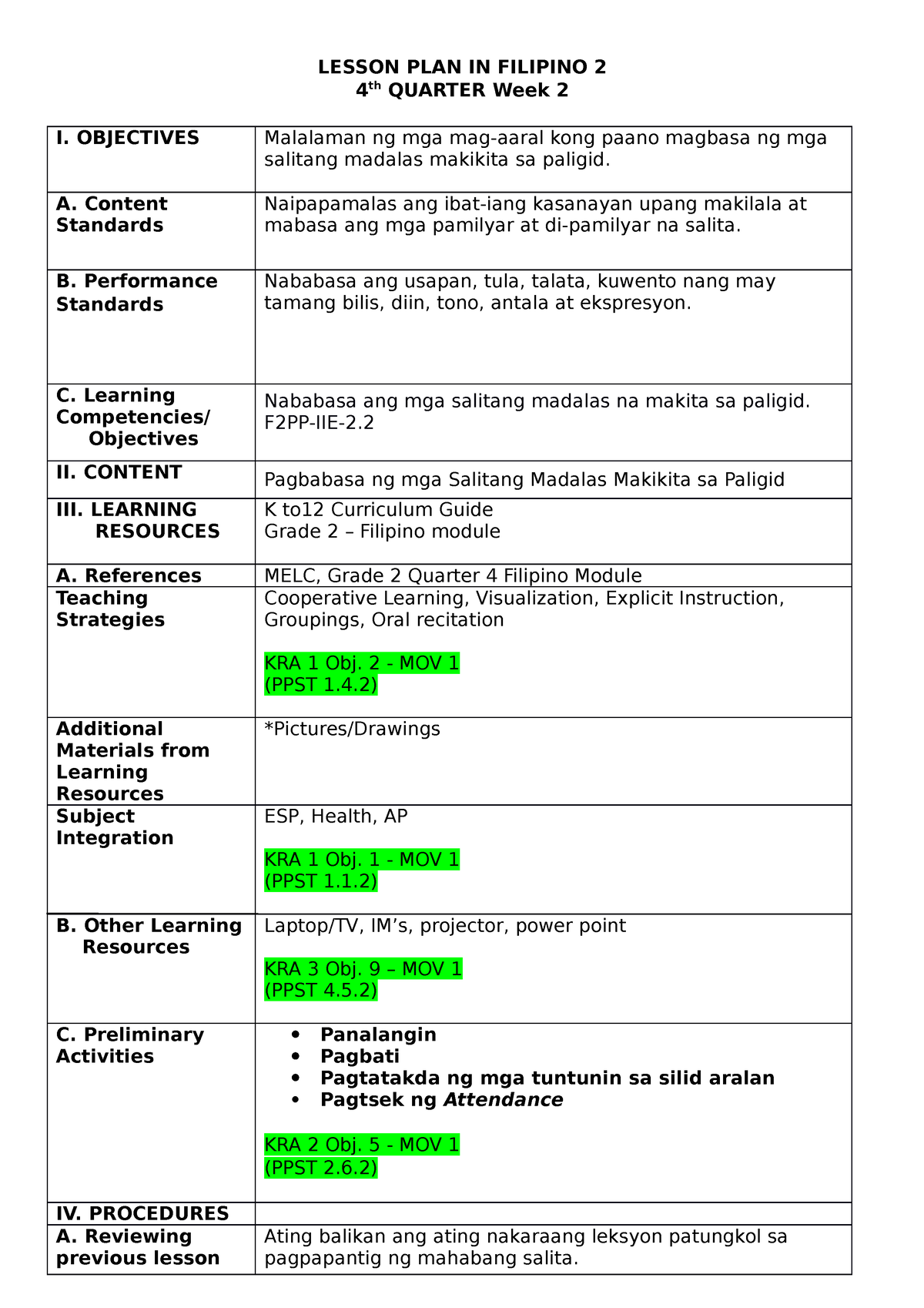 Filipino LP Q4 Week 2 - LESSON PLAN IN FILIPINO 2 4 Th QUARTER Week 2 I ...