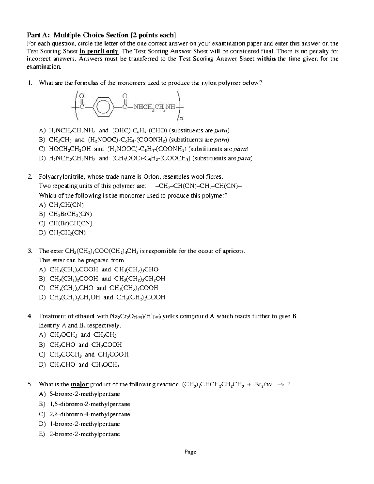 Chem 1040 Final Sample Test - Part A: Multiple Choice Section [2 Points ...