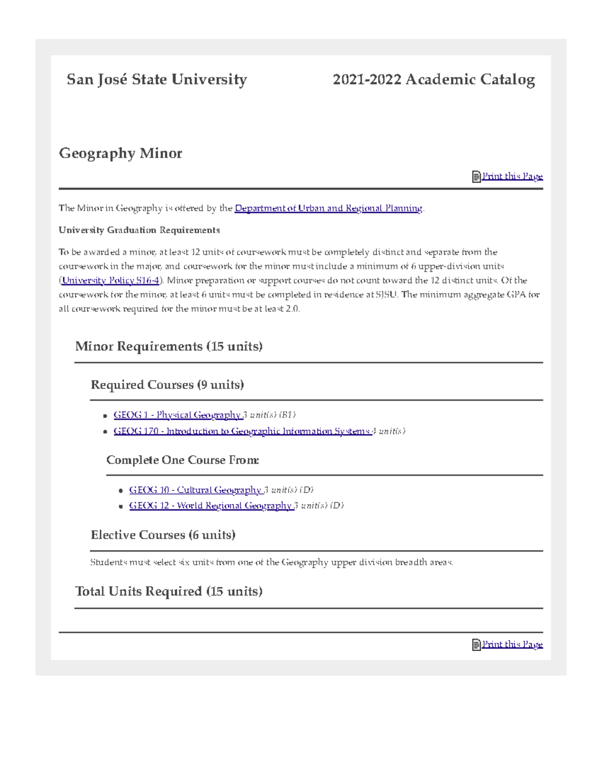 Program Geography Minor San José State University Acalog ACMS