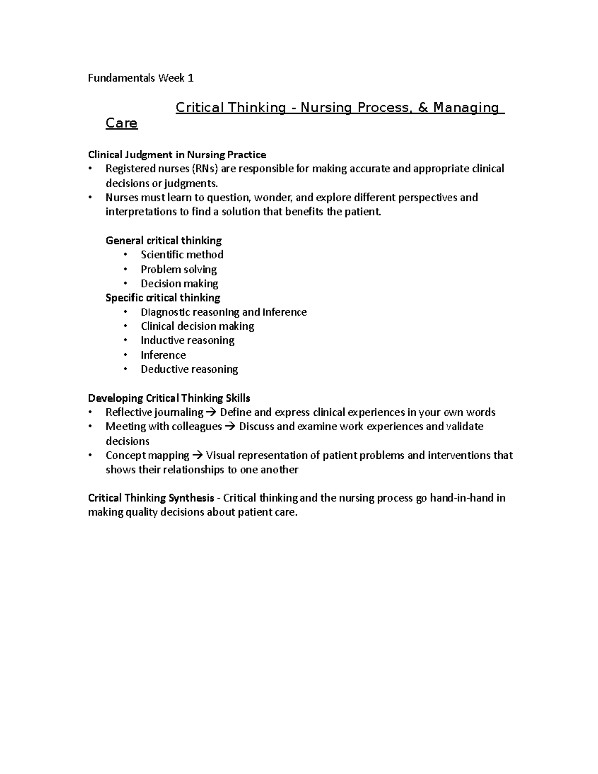 Fundamentals Week 1 - Critical Thinking, Nursing Process and Managing ...