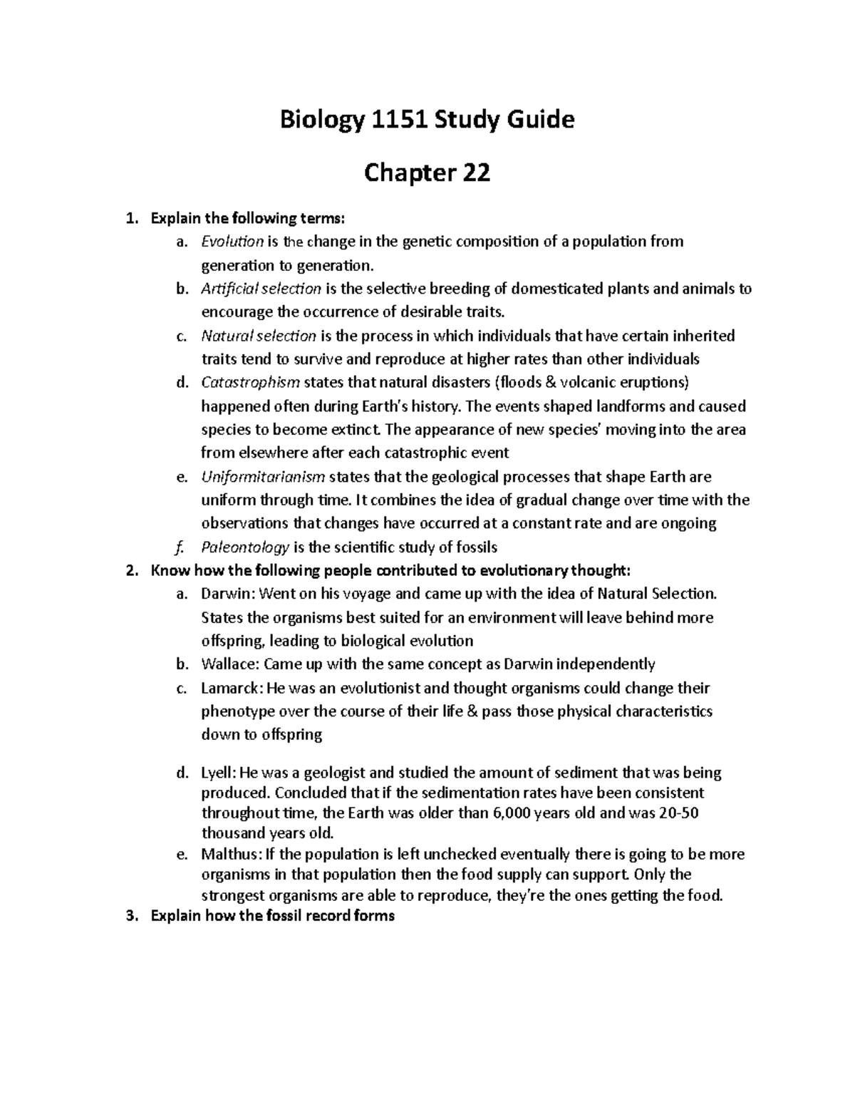 Chapter 22 Study Guide Copy - Biology 1151 Study Guide Chapter 22 1 ...