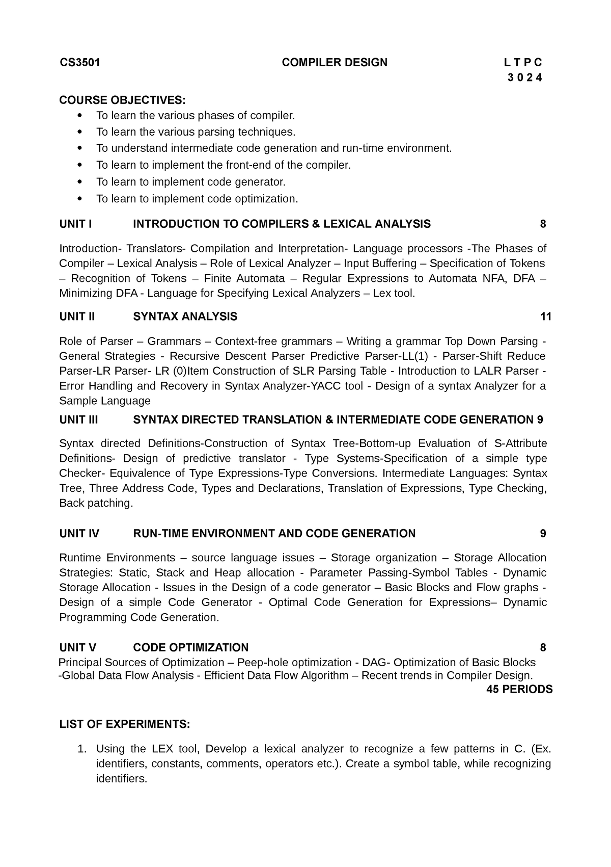 CS3501 Compiler Design - CS3501 COMPILER DESIGN L T P C 3 0 2 4 COURSE ...