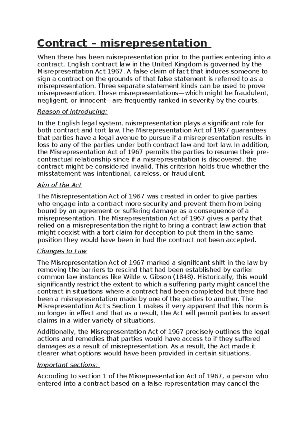 Contract- misrepresentation - Contract – misrepresentation When there ...