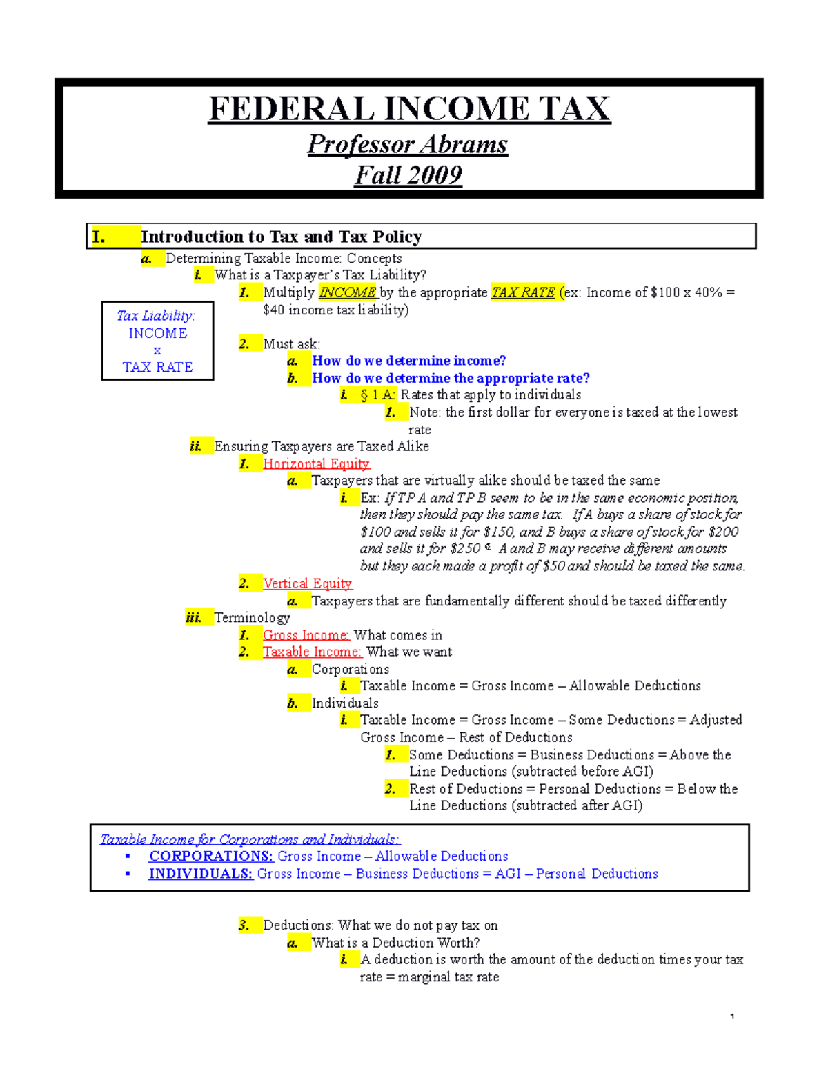 63121626- Incometaxoutlinefall 2009 V1 - FEDERAL INCOME TAX Professor ...