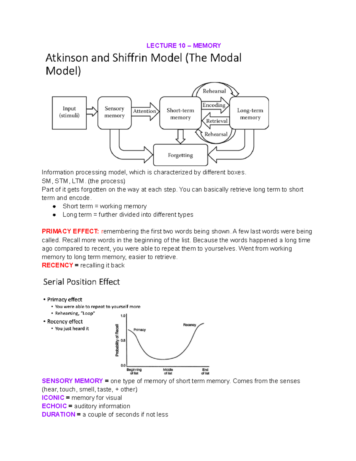 Memory – Cognitive - LECTURE 10 – MEMORY Information processing model ...