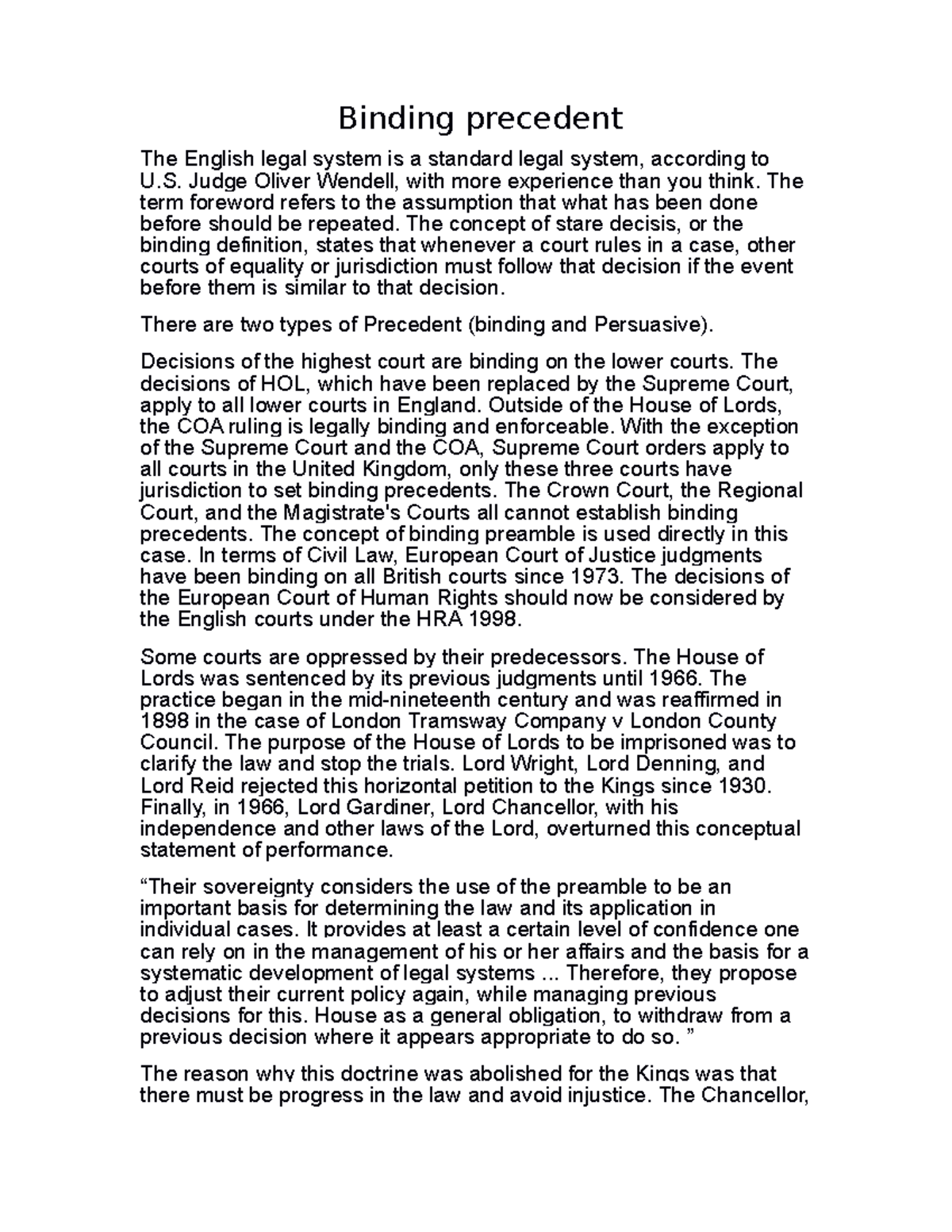 Binding precedent no plag Binding precedent The English legal