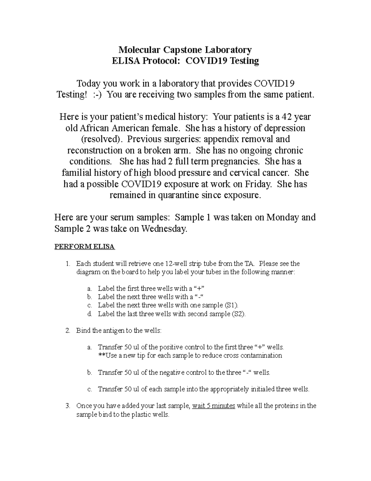 Capstone Laboratory Protocol Elisa Covid 19 Testing Molecular Capstone Laboratory ELISA
