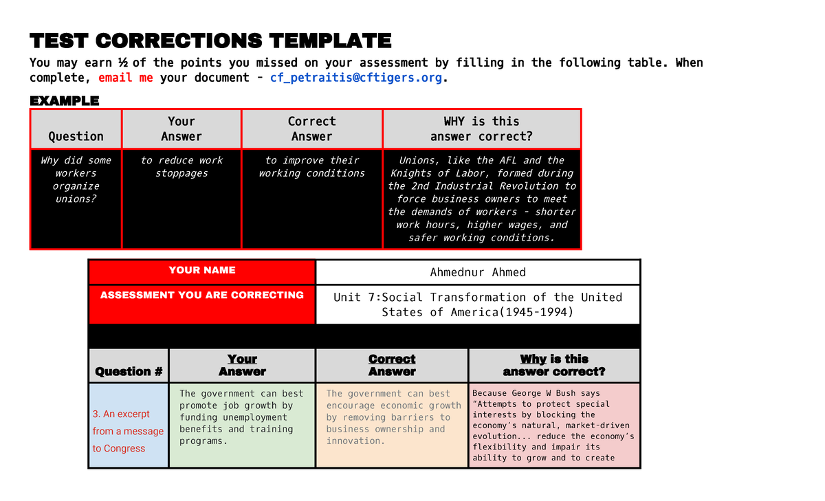 Test Corrections Unit 7 - TEST CORRECTIONS TEMPLATE You may earn ½ of ...