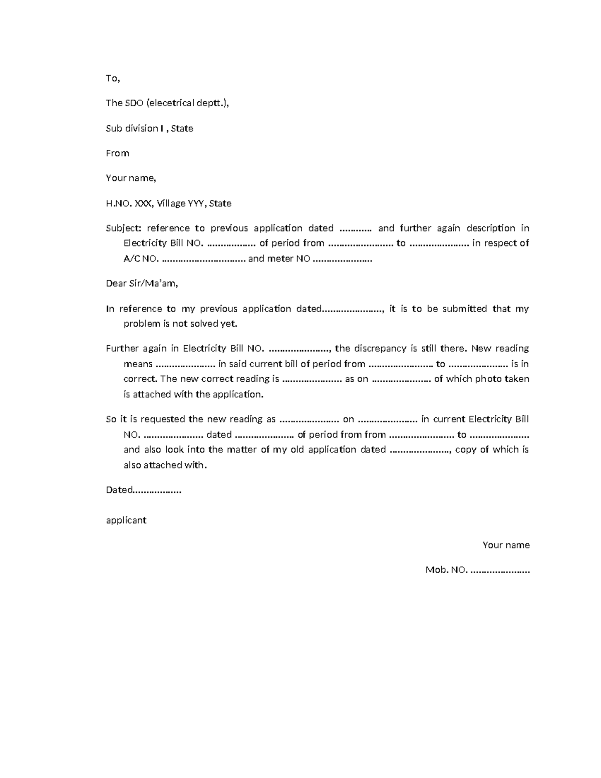 Bill correction application - To, The SDO (elecetrical deptt.), Sub ...