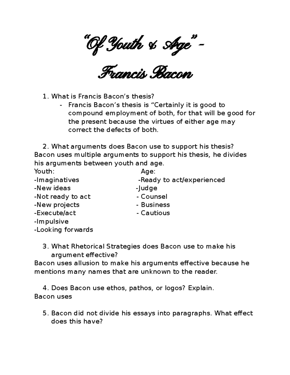 Copy of Copy of Bacon Questions - “Of Youth & Age” - Francis Bacon What ...