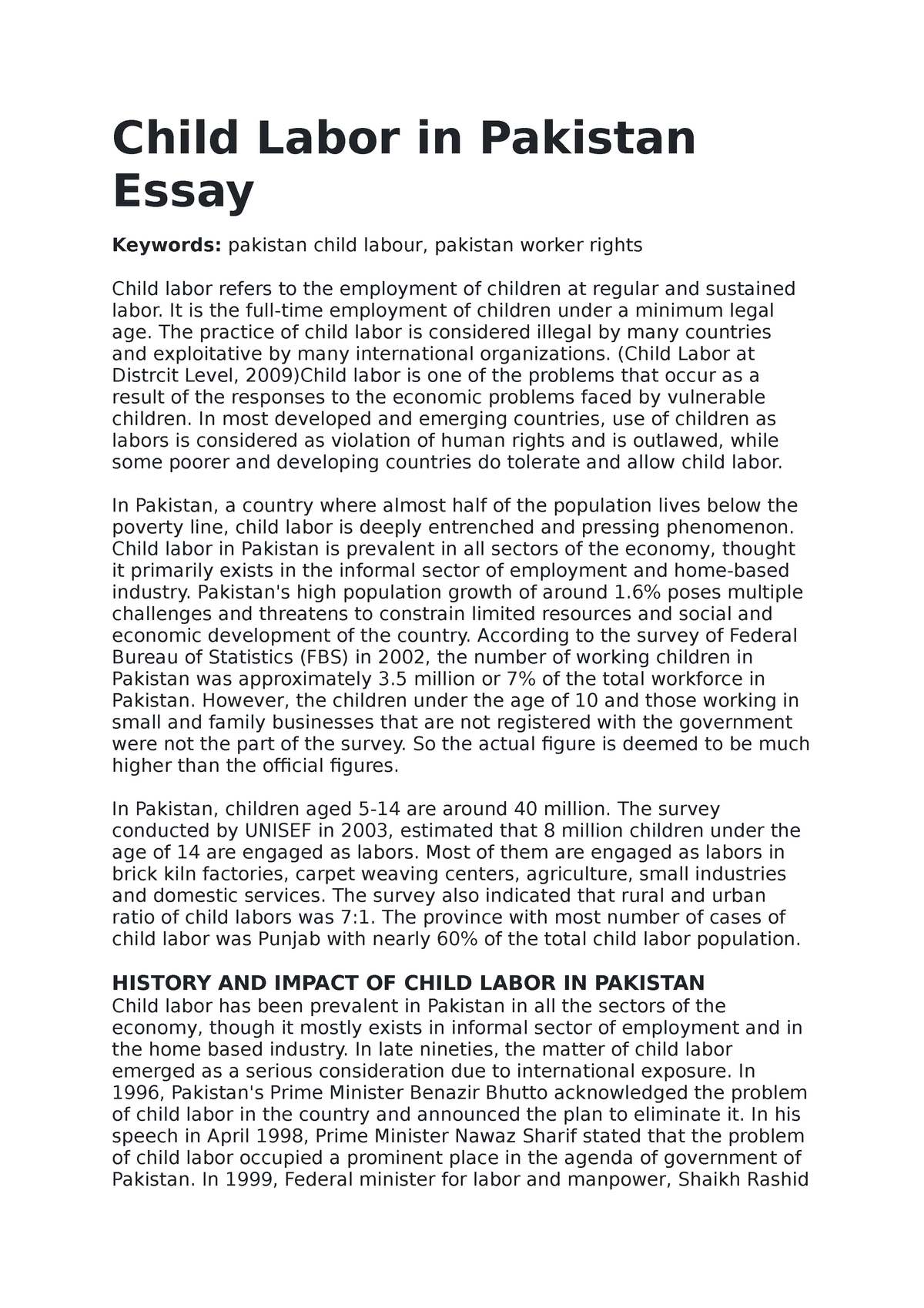 essay on child labour in pakistan with outline
