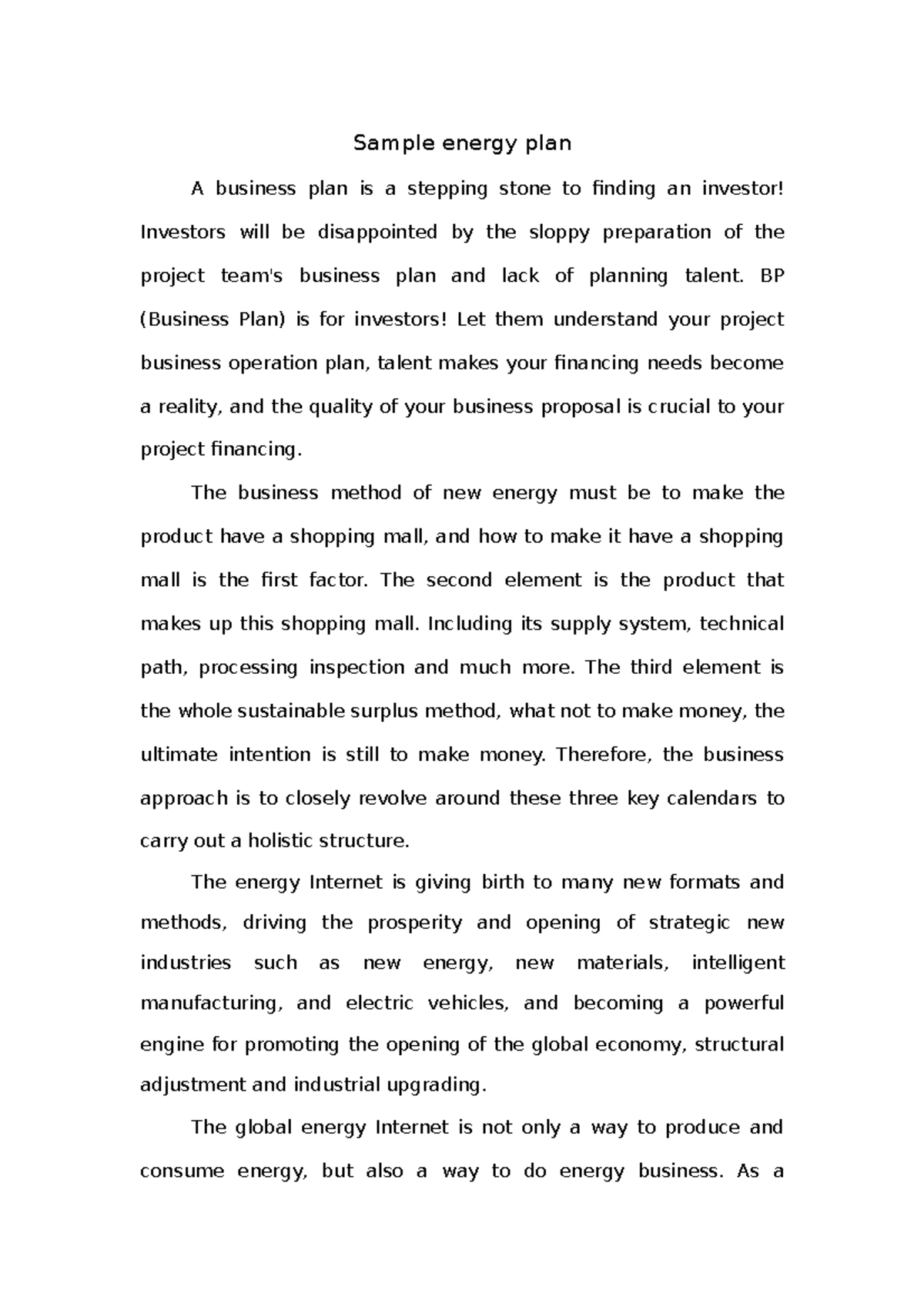 Week 7 Sample energy plan Sample energy plan A business plan is a