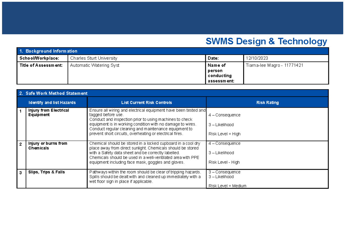 SWMS D & T - this is a SWMS template - SWMS Design & Technology 1 ...