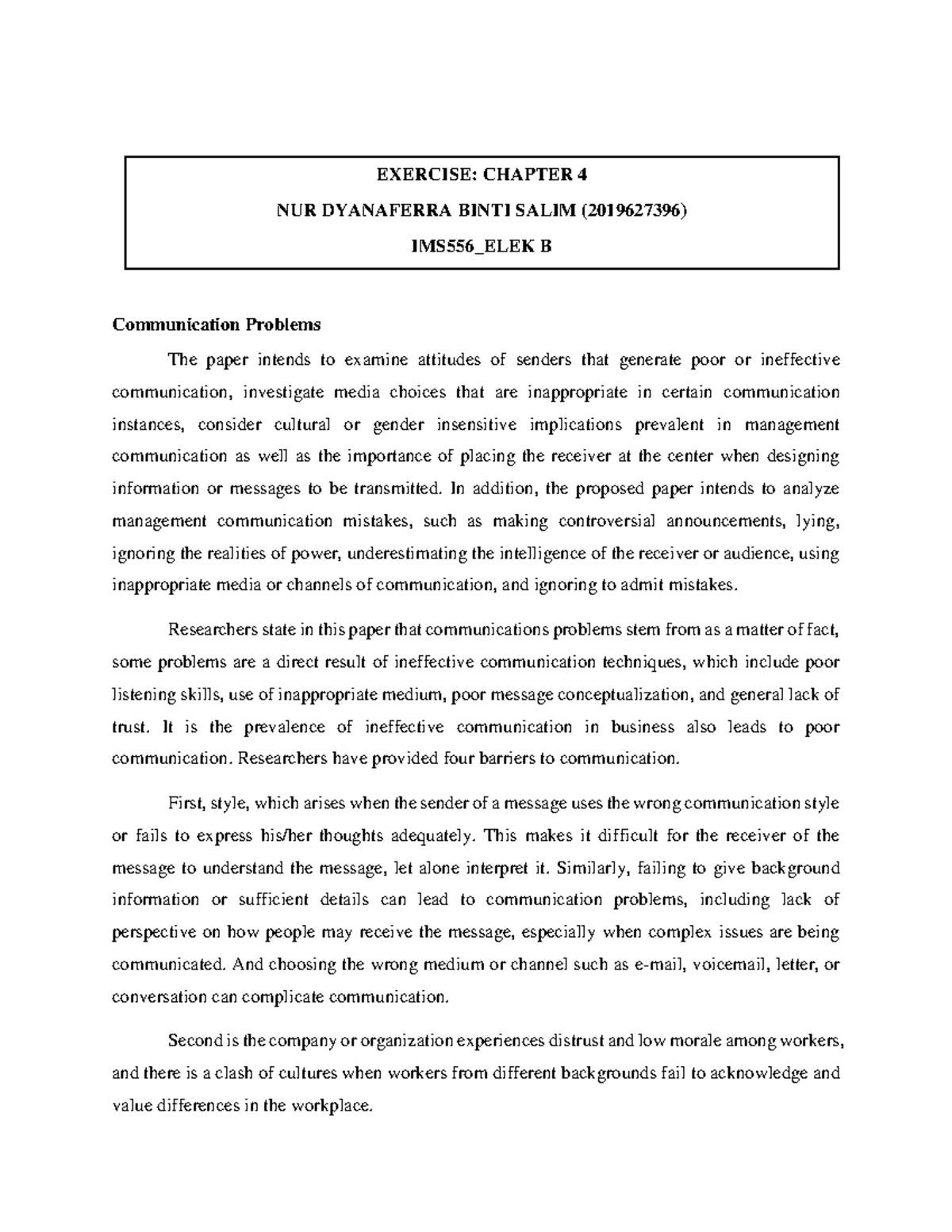 Ecercise Chapter 4 EXERCISE EXCERSISE - Communication Problems The ...