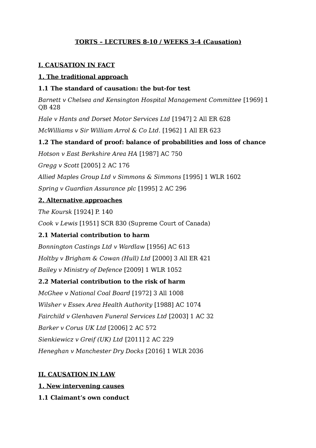 Causation handout TORTS LECTURES 8 10 WEEKS 3 4 Causation