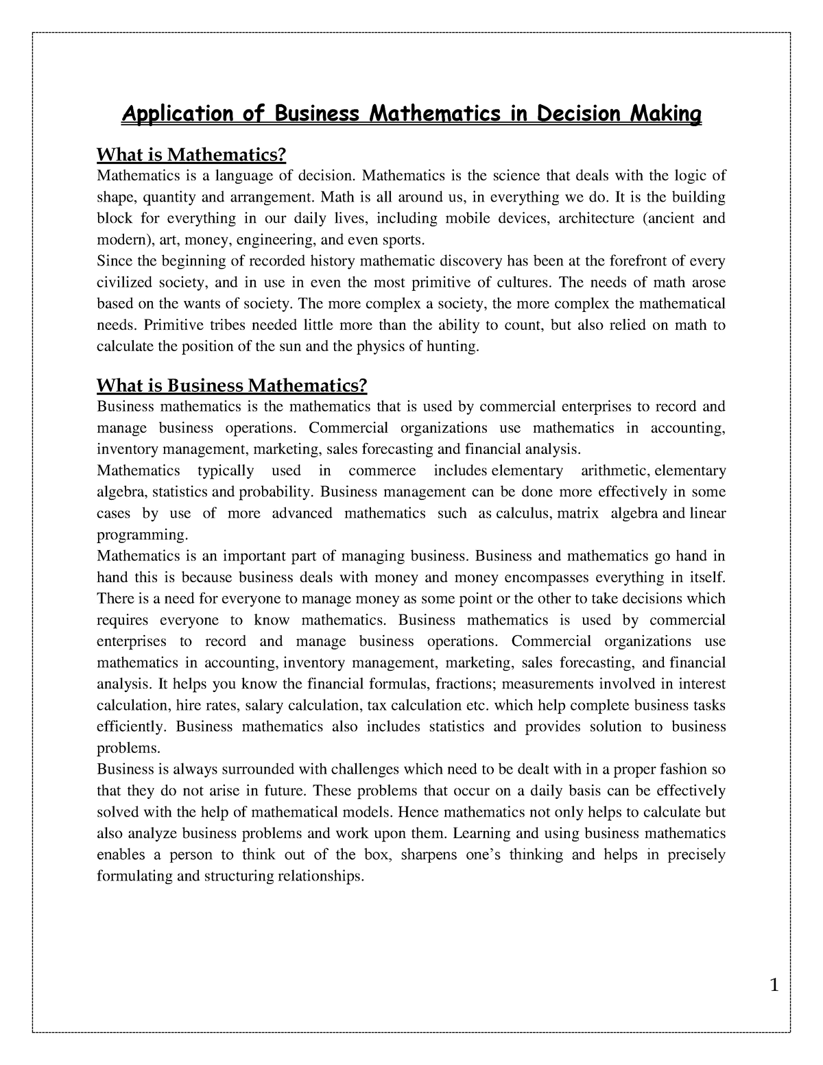 business mathematics assignment 1