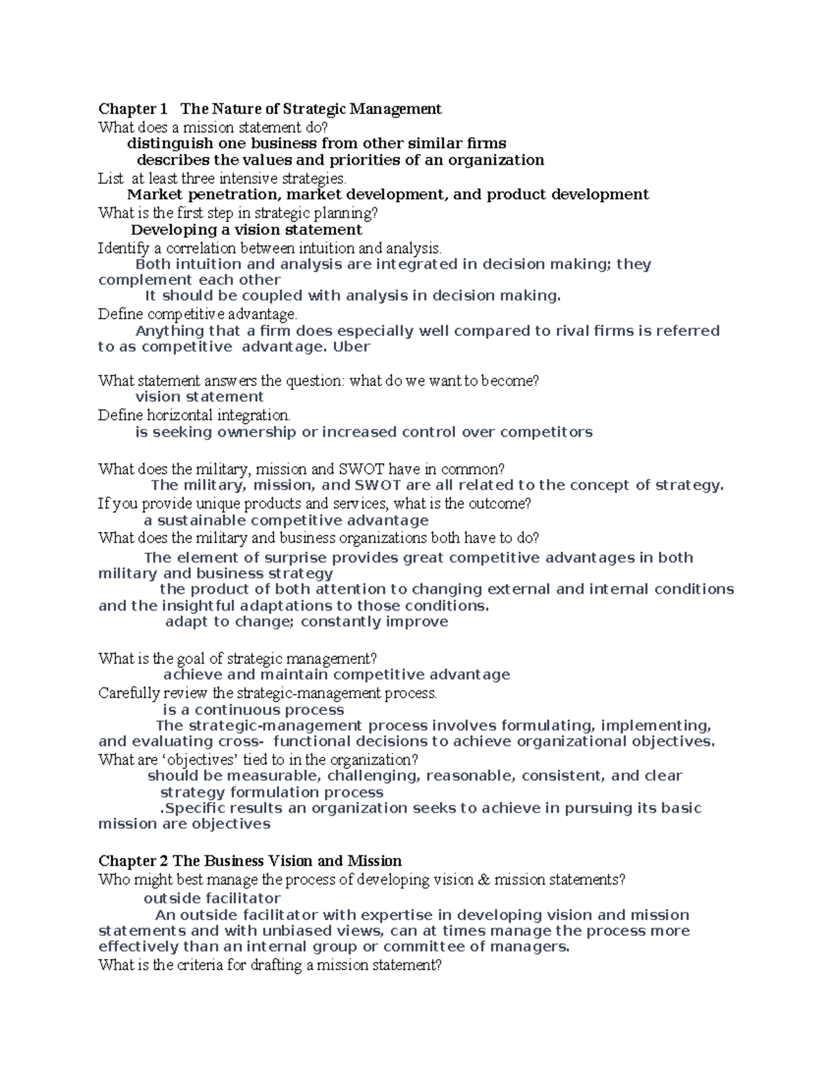 Answer - Chapter 1 The Nature of Strategic Management What does a ...