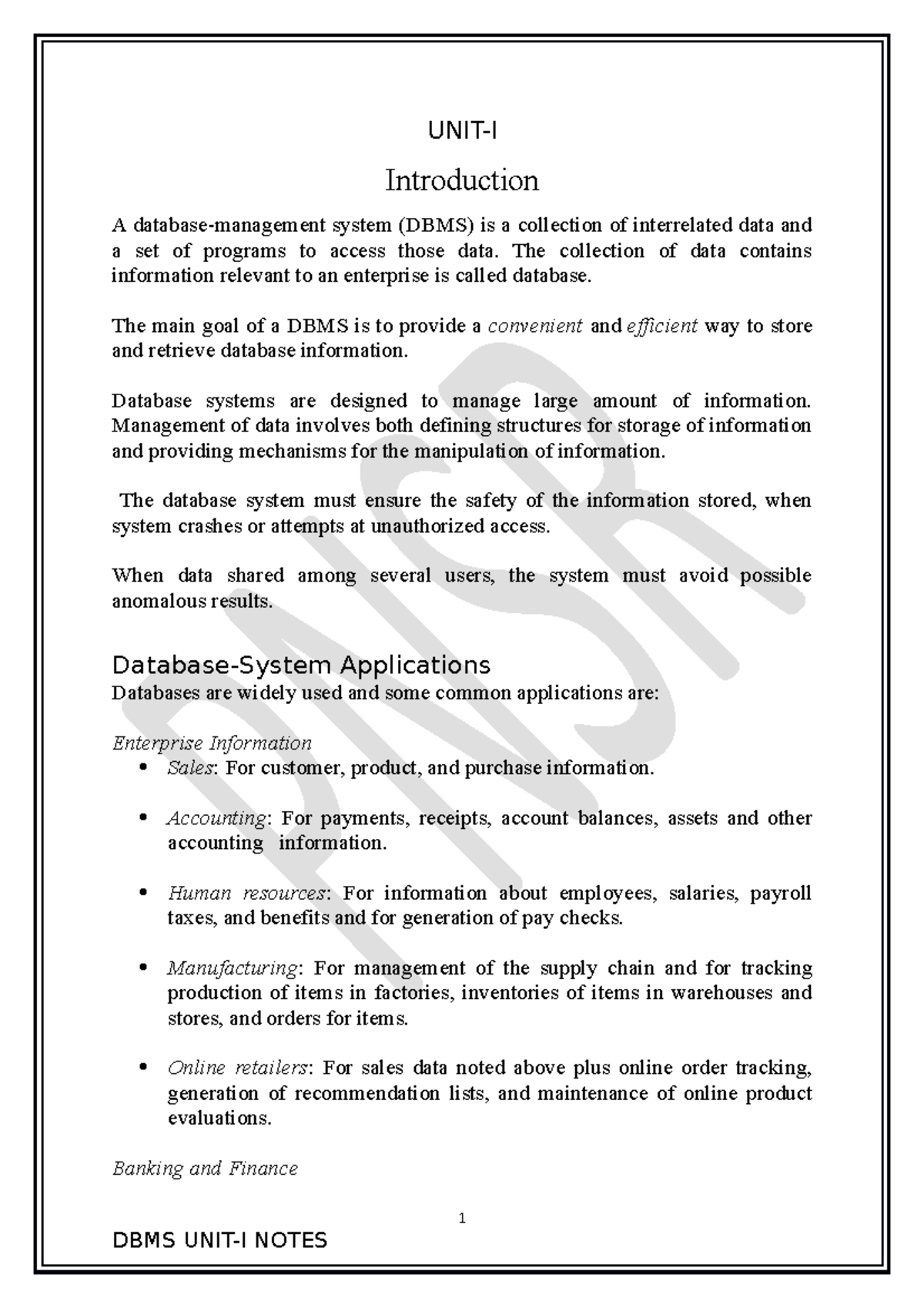 Unit-1 - DBMS Notes - UNIT-I Introduction A Database-management System ...